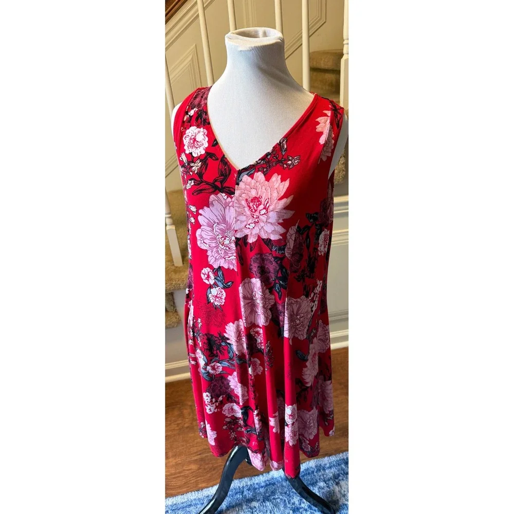 Premise Womens Red Floral Sleeveless V-Neck A-Line Knit Dress Large L/G - Picture 2 of 7